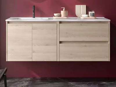 Ensemble COMPLET NOJA 120cm Ch�ne naturel 2 tiroirs 2 portes + vasque / plan � droite + miroir + Led - SALGAR R�f. 119721