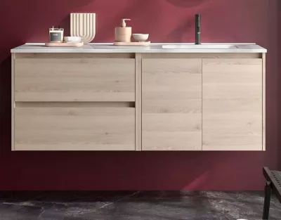 Ensemble COMPLET NOJA 120cm Ch�ne naturel 2 tiroirs 2 portes + vasque / plan � gauche + miroir + Led - SALGAR R�f. 119731