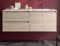 Ensemble COMPLET NOJA 120cm Ch&ecirc;ne naturel 2 tiroirs 2 portes + vasque / plan &agrave; gauche + miroir + Led - SALGAR R&eacute;f. 119731