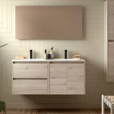 Ensemble COMPLET NOJA 120cm Ch�ne naturel meuble 2 tiroirs 2 portes + vasques + miroir + Led - SALGAR R�f. 119251