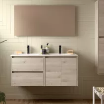 Ensemble COMPLET NOJA 120cm Ch&ecirc;ne naturel meuble 2 tiroirs 2 portes + vasques + miroir + Led - SALGAR R&eacute;f. 119251