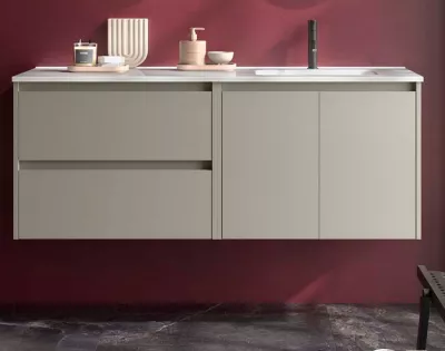 Ensemble COMPLET NOJA 120cm Gris satin� 2 tiroirs 2 portes + vasque / plan � gauche + miroir + Led - SALGAR R�f. 119734
