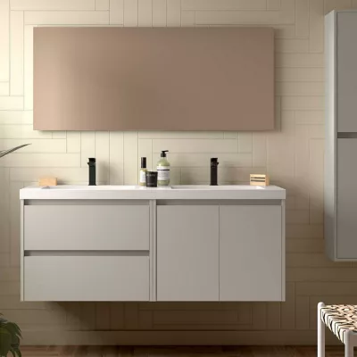 Ensemble COMPLET NOJA 120cm Gris satin� meuble 2 tiroirs 2 portes + vasques + miroir + Led - SALGAR R�f. 119254