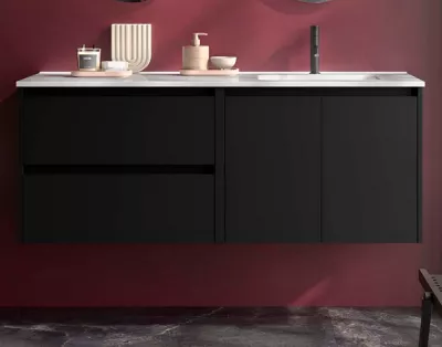 Ensemble COMPLET NOJA 120cm Noir satin� 2 tiroirs 2 portes + vasque / plan � gauche + miroir + Led - SALGAR R�f. 119727