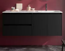 Ensemble COMPLET NOJA 120cm Noir satin&eacute; 2 tiroirs 2 portes + vasque / plan &agrave; gauche + miroir + Led - SALGAR R&eacute;f. 119727