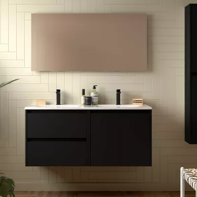 Ensemble COMPLET NOJA 120cm Noir satin� meuble 2 tiroirs 2 portes + vasques + miroir + Led - SALGAR R�f. 119247