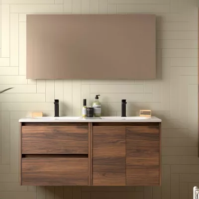 Ensemble COMPLET NOJA 120cm Noyer maya meuble 2 tiroirs 2 portes + vasques + miroir + Led - SALGAR R�f. 119253