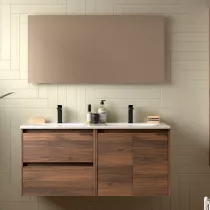 Ensemble COMPLET NOJA 120cm Noyer maya meuble 2 tiroirs 2 portes + vasques + miroir + Led - SALGAR R&eacute;f. 119253