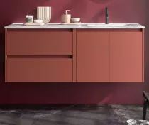 Ensemble COMPLET NOJA 120cm Rouge satin&eacute; 2 tiroirs 2 portes + vasque / plan &agrave; gauche + miroir + Led - SALGAR R&eacute;f. 119730