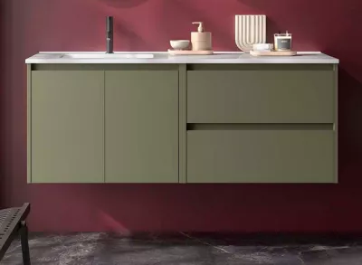 Ensemble COMPLET NOJA 120cm Vert satin� 2 tiroirs 2 portes + vasque / plan � droite + miroir + Led - SALGAR R�f. 119719