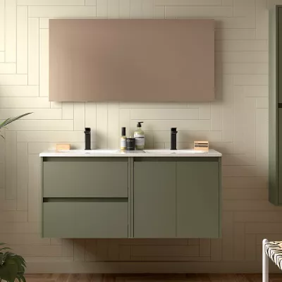 Ensemble COMPLET NOJA 120cm Vert satin� meuble 2 tiroirs 2 portes + vasques + miroir + Led - SALGAR R�f. 119249