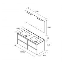 Ensemble COMPLET NOJA 121cm Blanc brillant meuble 4 tiroirs + vasque + miroir + Led - SALGAR Réf. 105435