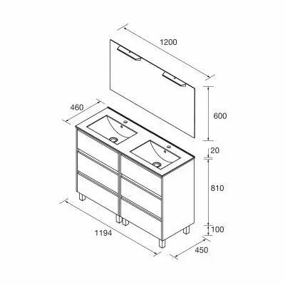 Ensemble COMPLET NOJA 121cm Noyer Maya meuble 6 tiroirs + vasque + miroir + Led - SALGAR R�f. 106204