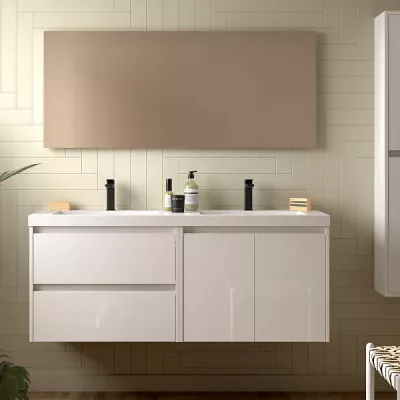 Ensemble COMPLET NOJA 140cm Blanc brillant meuble 2 tiroirs 2 portes + vasques + miroir + Led - SALGAR R�f. 119255