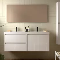Ensemble COMPLET NOJA 140cm Blanc brillant meuble 2 tiroirs 2 portes + vasques + miroir + Led - SALGAR R&eacute;f. 119255