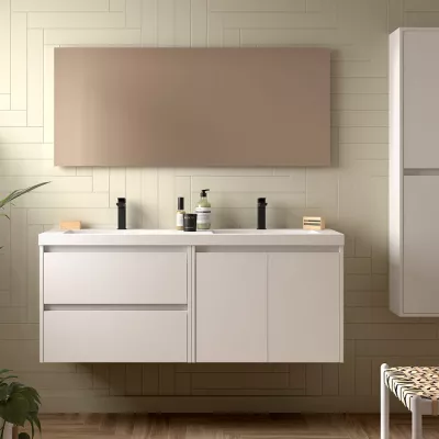 Ensemble COMPLET NOJA 140cm Blanc satin� meuble 2 tiroirs 2 portes + vasques + miroir + Led - SALGAR R�f. 119256