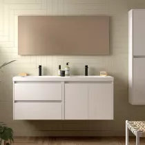 Ensemble COMPLET NOJA 140cm Blanc satin&eacute; meuble 2 tiroirs 2 portes + vasques + miroir + Led - SALGAR R&eacute;f. 119256