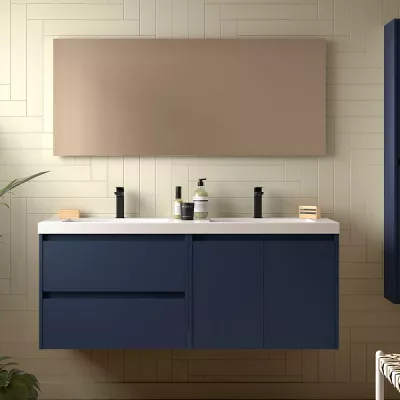 Ensemble COMPLET NOJA 140cm Bleu satin� meuble 2 tiroirs 2 portes + vasques + miroir + Led - SALGAR R�f. 119258