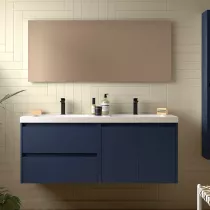 Ensemble COMPLET NOJA 140cm Bleu satin&eacute; meuble 2 tiroirs 2 portes + vasques + miroir + Led - SALGAR R&eacute;f. 119258