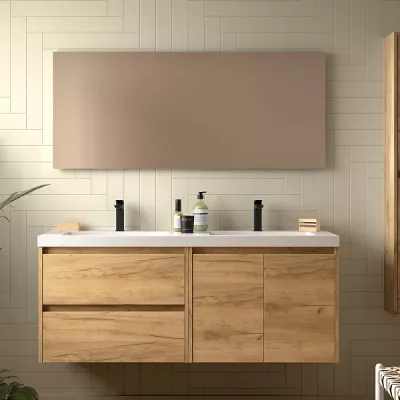 Ensemble COMPLET NOJA 140cm Ch�ne africain meuble 2 tiroirs 2 portes + vasques + miroir + Led - SALGAR R�f. 119262