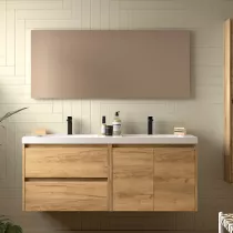 Ensemble COMPLET NOJA 140cm Ch&ecirc;ne africain meuble 2 tiroirs 2 portes + vasques + miroir + Led - SALGAR R&eacute;f. 119262
