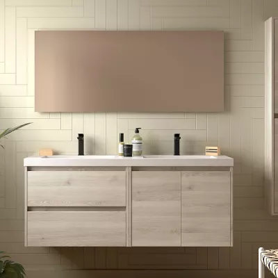 Ensemble COMPLET NOJA 140cm Ch�ne naturel meuble 2 tiroirs 2 portes + vasques + miroir + Led - SALGAR R�f. 119261