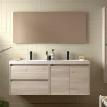 Ensemble COMPLET NOJA 140cm Ch&ecirc;ne naturel meuble 2 tiroirs 2 portes + vasques + miroir + Led - SALGAR R&eacute;f. 119261