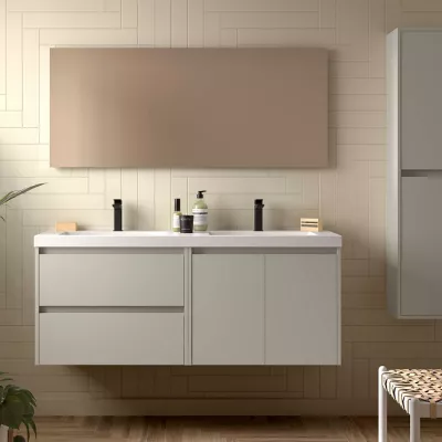 Ensemble COMPLET NOJA 140cm Gris satin� meuble 2 tiroirs 2 portes + vasques + miroir + Led - SALGAR R�f. 119264