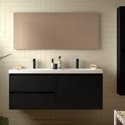 Ensemble COMPLET NOJA 140cm Noir satin� meuble 2 tiroirs 2 portes + vasques + miroir + Led  - SALGAR R�f. 119257