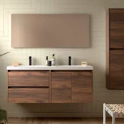 Ensemble COMPLET NOJA 140cm Noyer maya meuble 2 tiroirs 2 portes + vasques + miroir + Led - SALGAR R�f. 119263