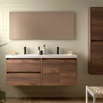Ensemble COMPLET NOJA 140cm Noyer maya meuble 2 tiroirs 2 portes + vasques + miroir + Led - SALGAR R&eacute;f. 119263
