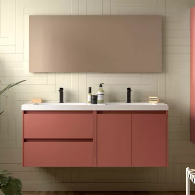 Ensemble COMPLET NOJA 140cm Rouge satin� meuble 2 tiroirs 2 portes + vasques + miroir + Led  - SALGAR R�f. 119260