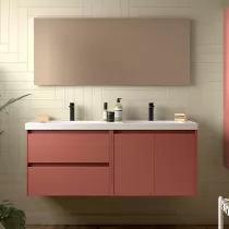Ensemble COMPLET NOJA 140cm Rouge satin&eacute; meuble 2 tiroirs 2 portes + vasques + miroir + Led  - SALGAR R&eacute;f. 119260