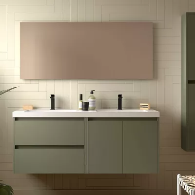 Ensemble COMPLET NOJA 140cm Vert satin� meuble 2 tiroirs 2 portes + vasques + miroir + Led - SALGAR R�f. 119259
