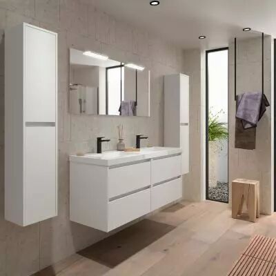 Ensemble COMPLET NOJA 141cm Blanc satin� meuble 4 tiroirs + vasque + miroir + Led - SALGAR R�f. 105445