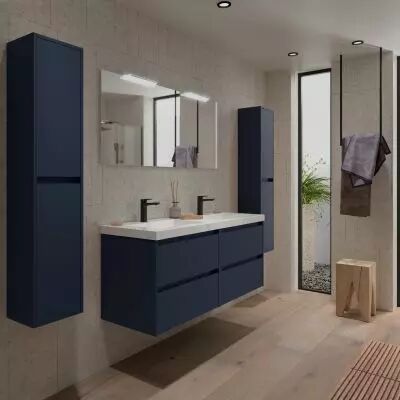Ensemble COMPLET NOJA 141cm Bleu satin� meuble 4 tiroirs + vasque + miroir + Led - SALGAR R�f. 105447