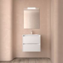 Ensemble COMPLET NOJA 61cm Blanc brillant meuble 2 tiroirs + vasque + miroir + Led - SALGAR Réf. 105372