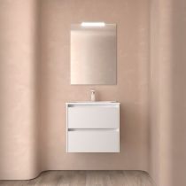 Ensemble COMPLET NOJA 61cm Blanc satiné meuble 2 tiroirs + vasque + miroir + Led - SALGAR Réf. 105373