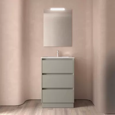 Ensemble COMPLET NOJA 61cm Gris satin� meuble 3 tiroirs + vasque + miroir + Led - SALGAR R�f. 118571