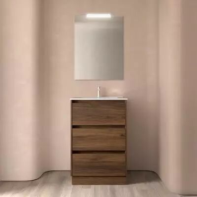 Ensemble COMPLET NOJA 61cm Noyer Maya meuble 3 tiroirs + vasque + miroir + Led - SALGAR R�f. 105627