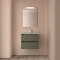 Ensemble COMPLET NOJA 61cm Vert satiné meuble 2 tiroirs + vasque + miroir + Led - SALGAR Réf. 105376