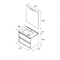 Ensemble COMPLET NOJA 71cm Blanc brillant meuble 2 tiroirs + vasque + miroir + Led - SALGAR Réf. 105381