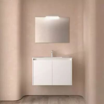 Ensemble COMPLET NOJA 81cm Blanc brillant meuble 2 porte + vasque + miroir + Led - SALGAR R�f. 105291
