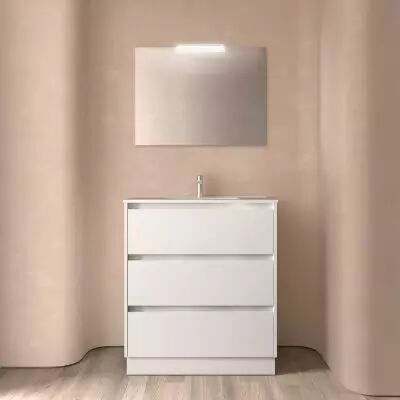 Ensemble COMPLET NOJA 81cm Blanc brillant meuble 3 tiroirs + vasque + miroir + Led - SALGARR�f. 105628