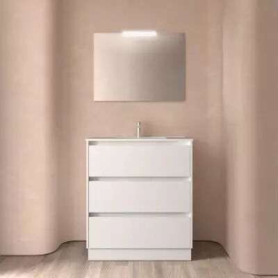 Ensemble COMPLET NOJA 81cm Blanc satin� meuble 3 tiroirs + vasque + miroir + Led - SALGAR R�f. 105629