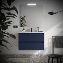 Ensemble COMPLET NOJA 81cm Bleu satiné meuble 2 tiroirs + vasque + miroir + Led - SALGAR Réf. 105393