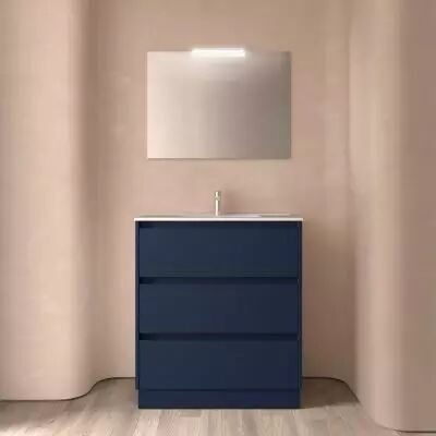 Ensemble COMPLET NOJA 81cm Bleu satin� meuble 3 tiroirs + vasque + miroir + Led - SALGAR R�f. 105631