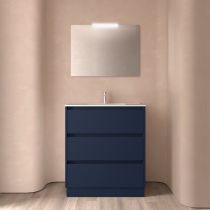 Ensemble COMPLET NOJA 81cm Bleu satiné meuble 3 tiroirs + vasque + miroir + Led - SALGAR Réf. 105631