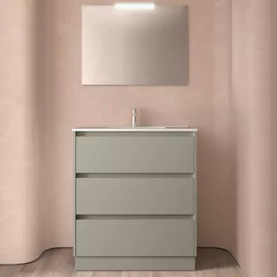 Ensemble COMPLET NOJA 81cm Gris satin� meuble 3 tiroirs + vasque + miroir + Led - SALGAR R�f. 118572