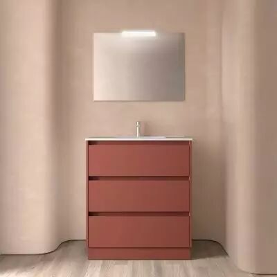 Ensemble COMPLET NOJA 81cm Rouge satin� meuble 3 tiroirs + vasque + miroir + Led - SALGAR R�f. 105633